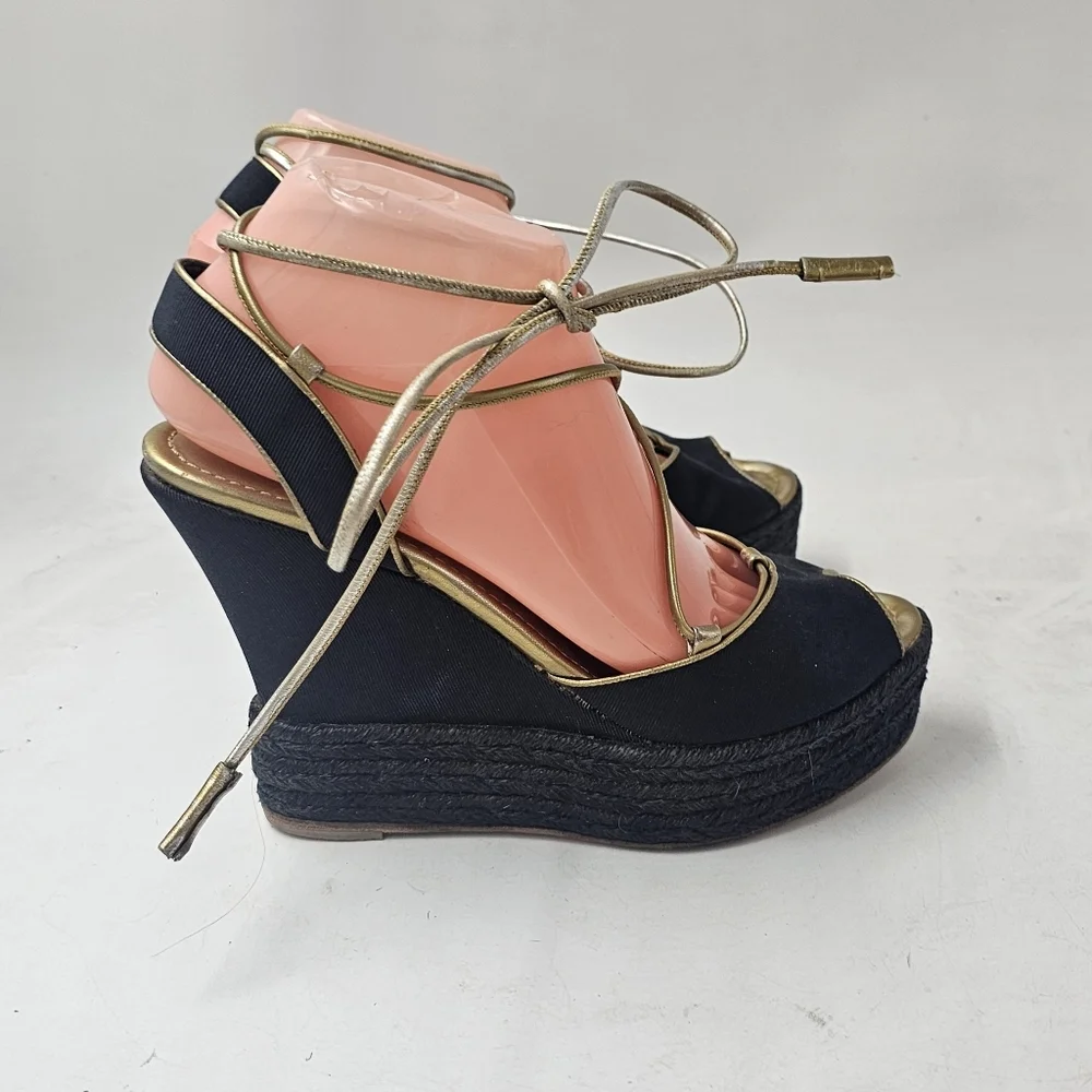 Ralph Lauren Collection Navy Gold Canvas Espadrille Wedge Lace Up